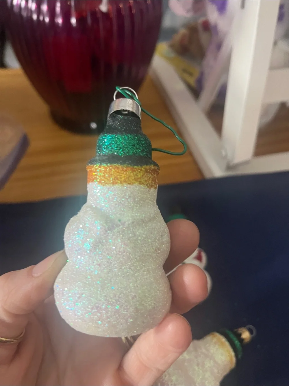 Glitter Snowman Ornaments - White and Green Holiday Set